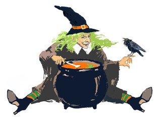 Scary Old Halloween Witch with Raven and Cauldron