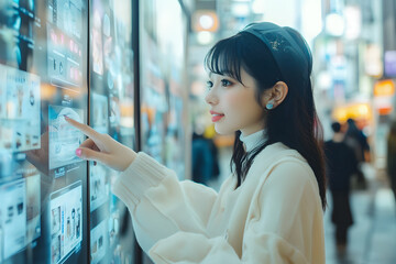 Young woman interacting with touchscreen display