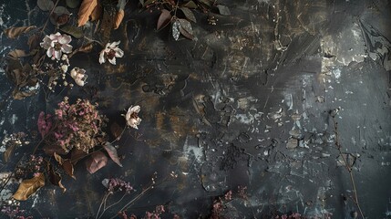 Dried flowers on a Gothic wallpaper with dark textures and dramatic lighting