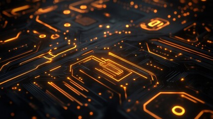 Close up of a glowing orange circuit board.