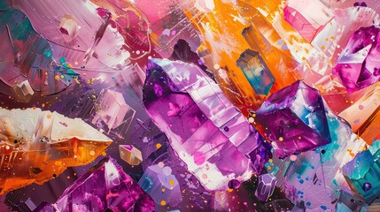 Dynamic brushstrokes over gemstones on a textured canvas in an Abstract Expressionism backdrop