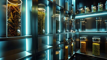 Futurism background with tea leaves arranged in sleek metallic containers under modern light