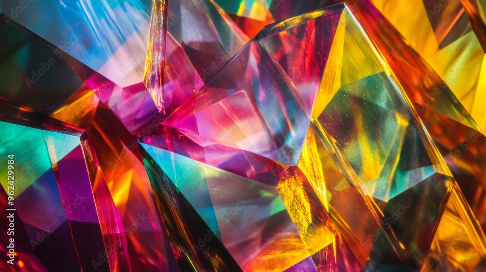 Wall mural close-up abstract background of colorful, iridescent, faceted glass reflecting light.