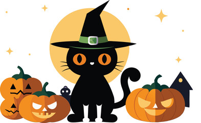 Black cat background with pumpkins and witch hat - Halloween Background illustration 