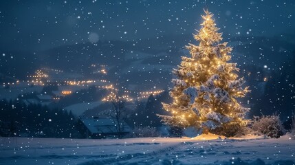 Naklejka premium tree decorated with christmas lights in the snow