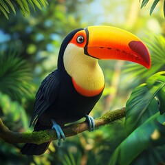 Obraz premium Colorful toucan, bright beak, sitting on tropical tree branch, 3D illustration