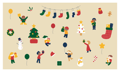 子供たちとクリスマスのイラストセット