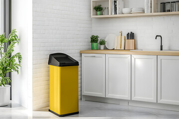 Full trash bin in interior of modern kitchen