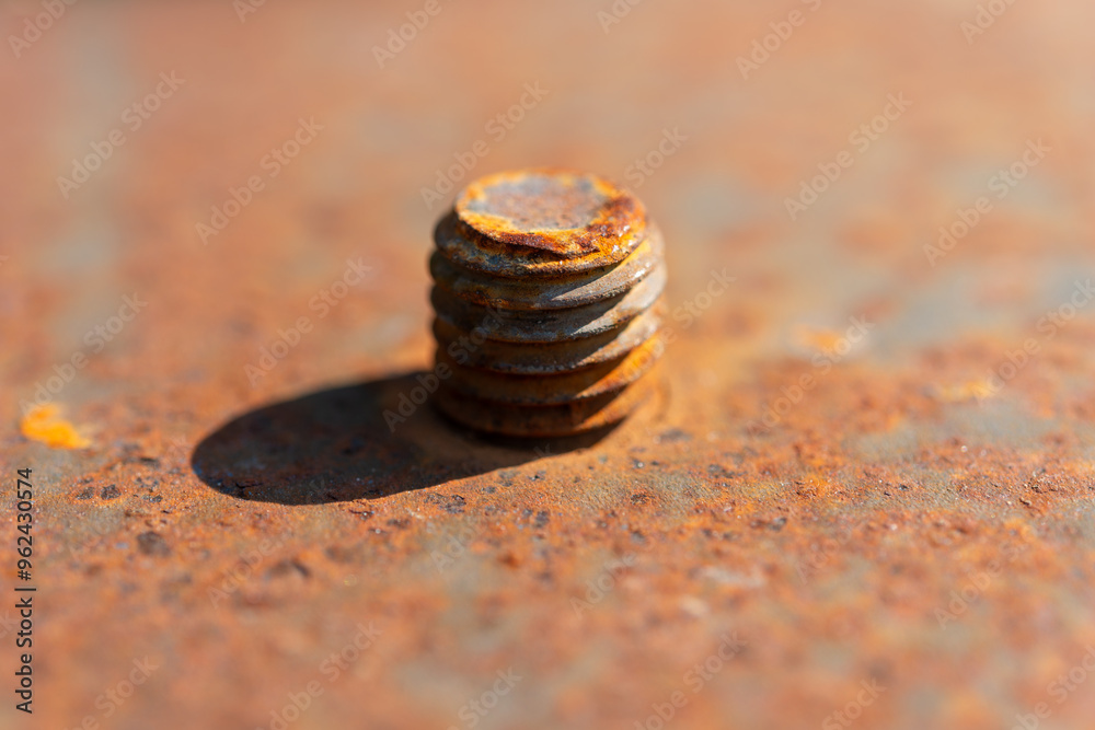 Wall mural threaded end of a rusty bolt and rusty metal plate close-up