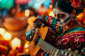 Mexican Guitarist Woman playing in vibrant mariachi band during Day of the Dead street festival celebration