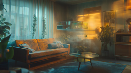 Fototapeta premium A comfortable living room with a modern couch and plants, softly illuminated by the golden rays of the setting sun, creating a serene atmosphere