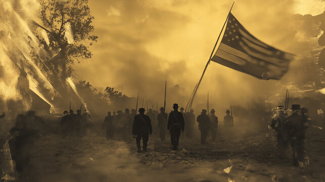 American civil war soldiers marching into battle under flag