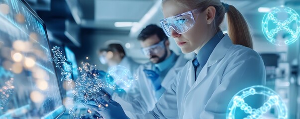 Female Scientist in Lab Analyzing Data on Screen