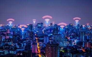 Wi fi network signal over cityscape at night, internet connection concept