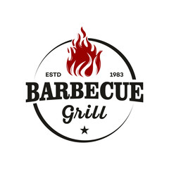 Barbeque logo design. grill food, fire, and spatula concept template Vector flat illustration