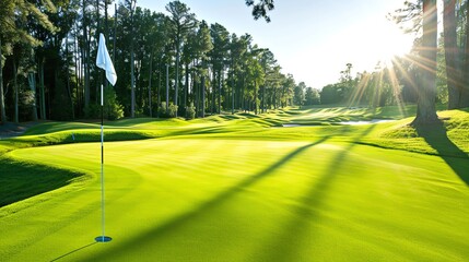Beautiful green golf course with flag and hole on a sunny day