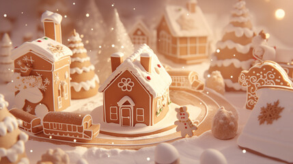 Obraz premium Christmas gingerbread houses with bokeh background.. Pastries in the form of houses. Festive scene with holiday pastries. Christmas and New Year background