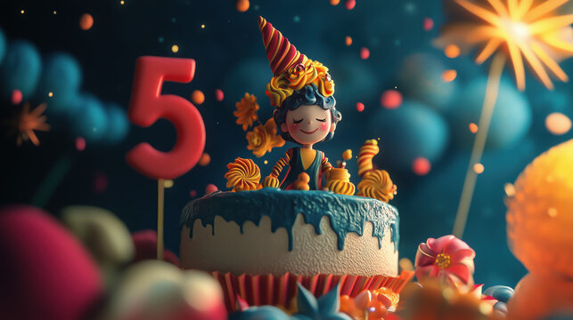 Colorful creative fun boys blue-themed 5th Birthday Cake with white blue red Number Five Topper and blue, white gold icing cream frosting explosion for Children's happy bday Party