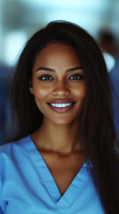 Fototapeta premium gorgeous female nurse, healthcare worker wearing blue scrubs with a long flowing hair in busy doctor office background