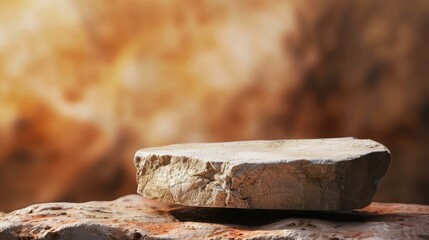 Natural rock pedestal on brown blurred background for skincare and cosmetics design concept