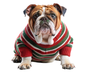 Christmas bulldog in sweater with green-stained nose