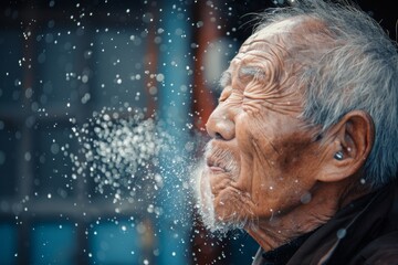 Old man sneezes small particles and viruses visible air. Old man sneezing showcasing transmission of viruses and germs. Unseen dangers transmitted natural reflex action.