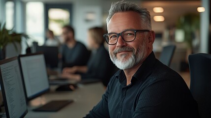 Smiling man in glasses sitting at desk in office with two computers in the foreground.