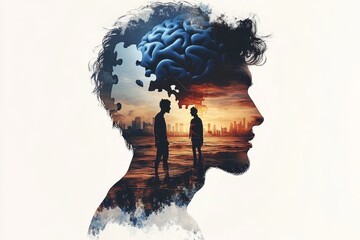 Brain grid Cognitive machinery Silhouetted male profile with a puzzle brain representing the complex connections between identity memory and the emotional bond in a reflective composition