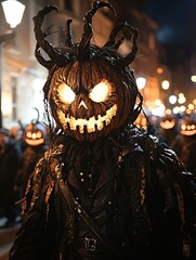 A person in a scary pumpkin costume with glowing eyes and a creepy smile.