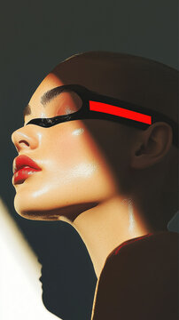 Cybergoth high fashion cyborg female model photography, minimalism, extremely subtle miniature glowing inlaid subdermal algorithmic OLED makeup, cybernetic influences, high-tech sci-fi fashion