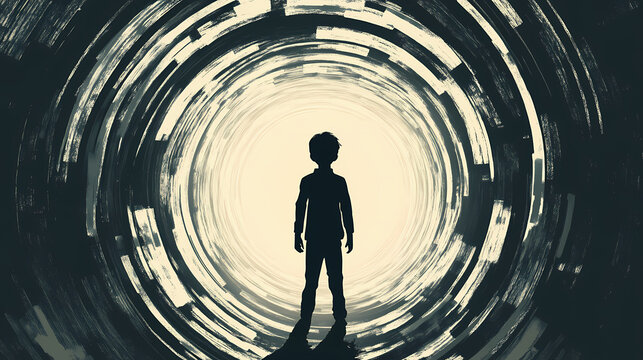 Silhouette of a boy with a time tunnel, a boy in a parallel world, a time traveler. Time Traveler. Illustration