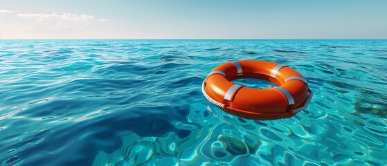Obraz premium A life ring floating on the sea, blue sky