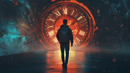 Young man using backpack walking to surrealistic clock, time travel concept. generative ai image. Time Traveler. Illustration