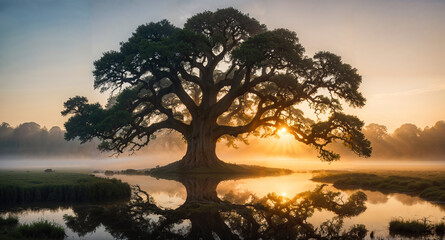 Old oak tree captured in a cinematic nature photography shot. Set in a foggy early morning, the tree's gnarled trunk and outstretched branch form a striking silhouette against the soft golden hues.