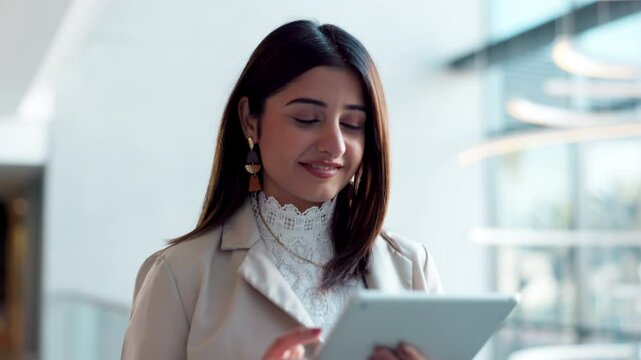 Office, reading and woman with tablet, smile and search of candidates, online and recruiter on app. Business, scouter and person with communication, typing and thinking for screening and interview