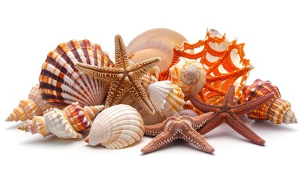Obraz premium Seashells and starfish isolated on a white background