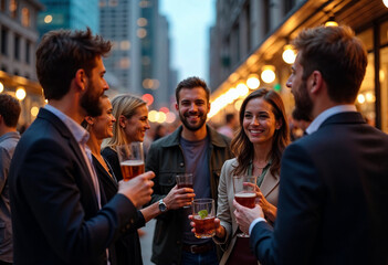 Elegant guests toast with champagne at a networking gala, celebrating in a warm, sophisticated setting.







