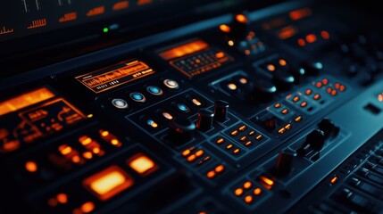 A high-resolution image of an effects processor with dials and displays glowing in a dark room, conveying precision in sound design, audio equipment, sound engineering, audio effects. 