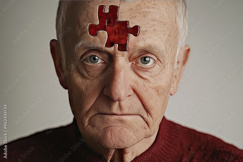 Canvas Prints Cognitive apparatus Thalamus Elderly man with a red puzzle piece on his forehead symbolizing the focus on memory identity and the challenges of aging in a minimalist impactful style