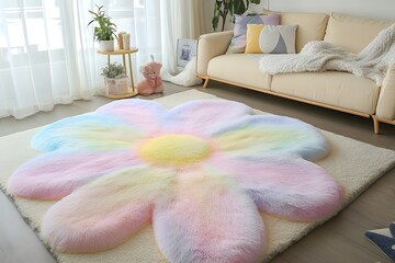 A fluffy, rainbow-colored flower rug in front of a white couch with pillows and blankets.