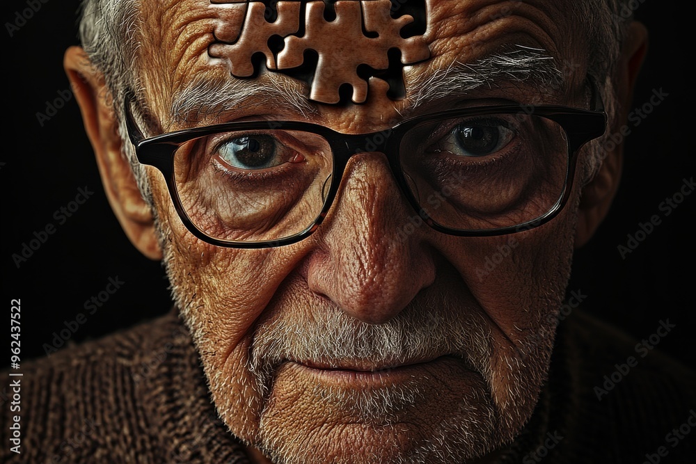 Poster Subcortical structures Hippocampus Elderly man with a large missing puzzle piece from his forehead illustrating the search for memory identity and meaning in later life in a solemn tone