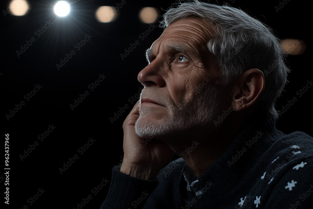 Canvas Prints Glial cells Hippocampus Elderly man looking upward with deep contemplation symbolizing the search for memory meaning and understanding in later life in a pensive mood