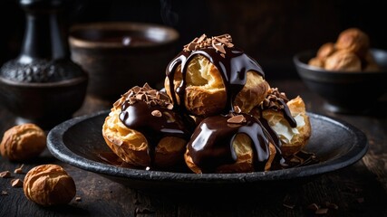 Fototapeta premium A plate of delicious cream puffs topped with rich chocolate sauce and sprinkled with chopped nuts, set against a dark background. 