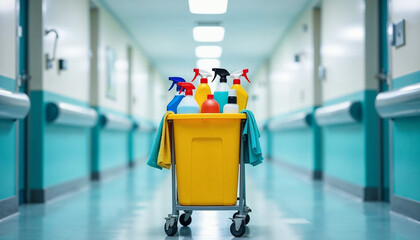 A janitorial cart with cleaning supplies in a bright, clean hospital corridor, highlighting professionalism and organization.







