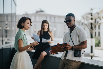 International, multicultural businesspeople having an outdoor meeting to discuss new projects,...