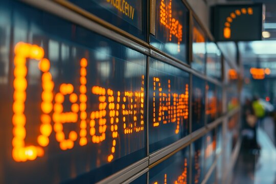 Airport departure board showing multiple delayed flights during peak travel hours at a busy terminal