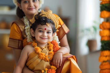 A young girl in a golden sari with a beautiful smile.