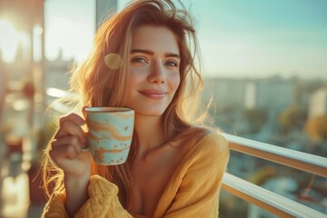 A young woman delights in her coffee while basking in the warm sunlight on a cozy balcony during the morning.
