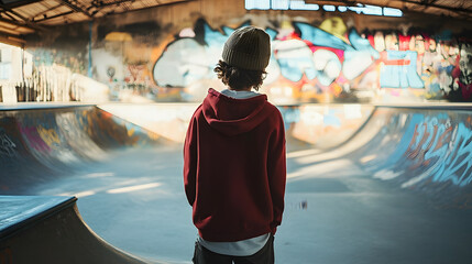 Young skater in retro style indoor skate park preparing for practice - Powered by Adobe