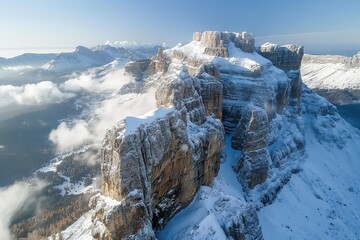 Aerial view of Sass Pordoi mountain in winter with snow-covered cliffs and surrounding landscape